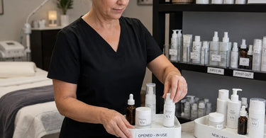 How to Create a Better Rotation System for Opened Products featured image with organized salon and spa products like wax, skincare, and massage oils ready for use.
