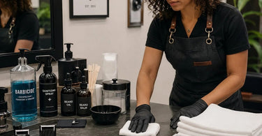 A pristine and organized beard treatment station at a professional barber shop, featuring tools, towels, and products laid out neatly, ready for a client.