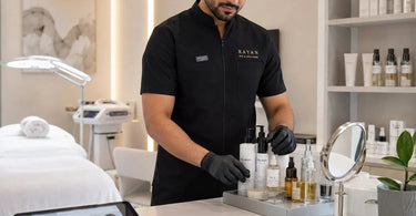 A clean, organized consultation area in a spa or salon featuring a magnifying lamp, professional skincare products, and a comfortable chair, symbolizing a hygienic and welcoming client experience.