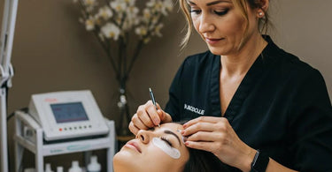 A serene lash studio setup with a comfortable treatment bed, soft lighting, and calming decor