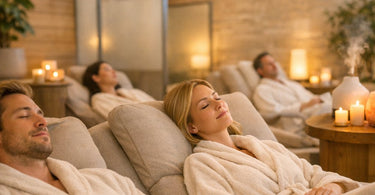 Serene spa treatment room with soft lighting and natural elements, designed to encourage a phone-free, relaxing environment for clients.
