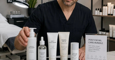 A post-facial retail bundle featuring skincare essentials like gentle cleanser, moisturizer, serum, and SPF arranged on a soft pink background.