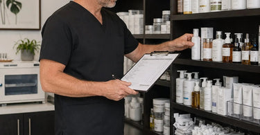 A well-organized back bar inventory checklist featuring professional salon and spa products.