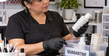 Organized salon and spa product quarantine area for damaged or questionable professional inventory