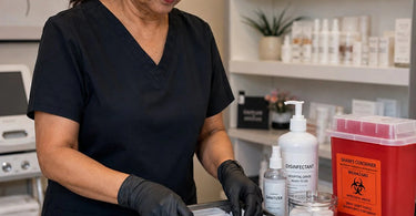 A clean, organized, and professional dermaplaning supply setup featuring sterile blades, disinfectant, and a sharps disposal container, emphasizing safety and efficiency for spa professionals.
