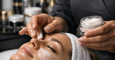 Esthetician creating a signature facial protocol using skincare products and equipment from Pure Spa Direct, demonstrating product rhythm and repeatability in a professional spa setting.
