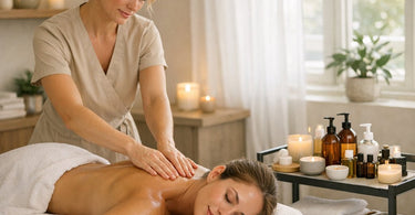 A serene spa treatment room set for a signature massage ritual, featuring a professional massage table with soft, plush linens, smooth basalt hot stones, a lit aromatherapy candle, and a bowl of essential oils, evoking a sense of calm and luxury.