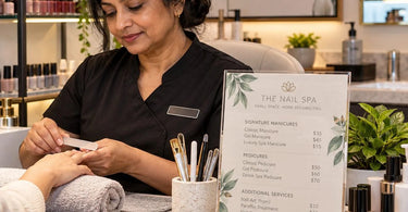 Small-space spa menu design tips for spa, salon, and wellness professionals featuring a curated treatment menu on a tablet and a cozy esthetician treatment room setup