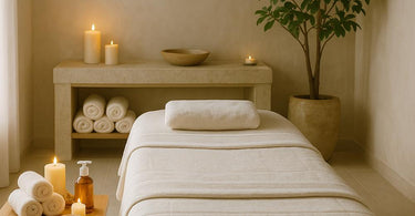 Luxurious spa environment with soft lighting, plush towels, and serene decor