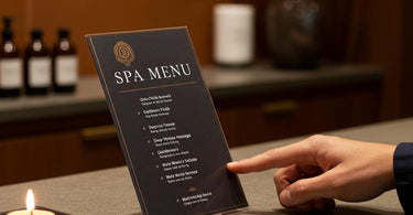 Spa menu for male clients featuring grooming and relaxation services