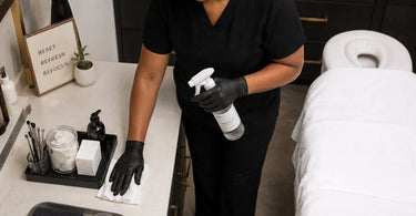 A serene spa treatment room with a clean massage table, fresh towels, and aromatherapy products, symbolizing a ten-minute deep reset between longer services.