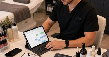 A spa receptionist holding a tablet showing a waitlist notification on a textured blue background