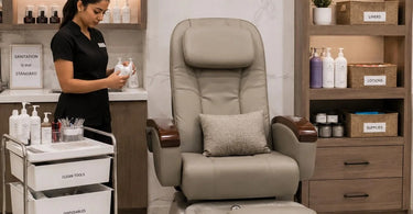 Organized pedicure chair station with smart storage solutions, rolling carts and neatly arranged supplies.