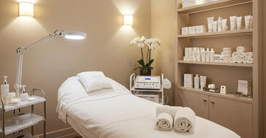 Relaxing spa treatment room with massage table, soft lighting, and luxury decor