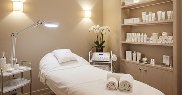 Relaxing spa treatment room with massage table, soft lighting, and luxury decor