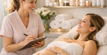 A serene expecting mother receiving a gentle, pregnancy-safe facial treatment from a skilled esthetician in a calm spa setting