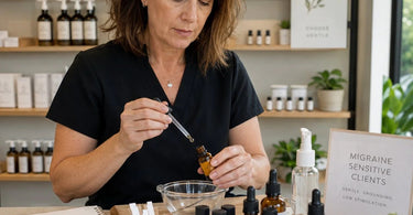 A professional spa therapist carefully blending pure essential oils for a client with migraine sensitivity using high-quality supplies from Pure Spa Direct.