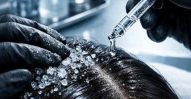 A professional spa treatment showing a close-up of hands gently massaging a soothing serum onto a client's healthy scalp after exfoliation.