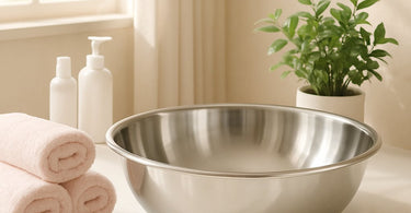 Professional pedicure bowl being disinfected in a spa setting