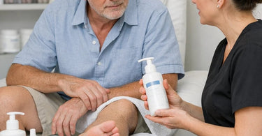 A professional nail technician applying moisturizing lotion to a client's feet during a post-pedicure hydration service in a spa.