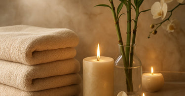 Relaxing spa environment with luxury treatment products and warm towels