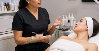 Illustration of a beauty professional and client discussing service options mid-treatment in a spa salon setting