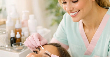 A professional esthetician carefully applying a patch test for lash tint to ensure no allergic reaction, using Pure Spa Direct safety supplies