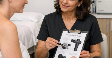 Therapist using a professional percussion massage tool on a client's back during a Swedish massage treatment at a spa.