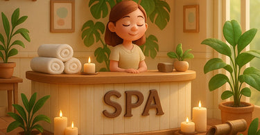 Spa owner reviewing appointment book with happy clients in background