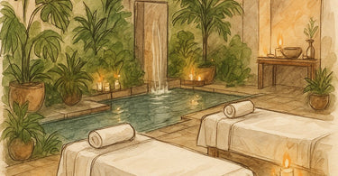 Spa owner greeting happy client in luxurious treatment room with warm towels and essential oils