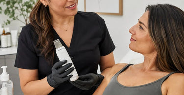 Spa professional introducing a new skincare tool to a relaxed client, emphasizing trust and a positive experience.