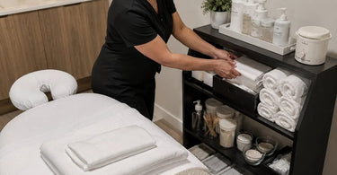 Organized and clutter-free storage solutions for spa and salon backup supplies featuring shelving, bins, and furniture from Pure Spa Direct.