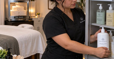 Salon and spa chemical products stored safely away from heat sources with professional cleaners and towels on a shelf