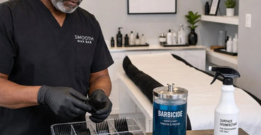Organized clipper guards neatly arranged on a salon station with a disinfectant spray, emphasizing cleanliness and professional tool storage.