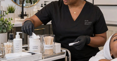 Professional spa treatment room with organized disposable supplies on a clean tray including wax strips, spatulas, and table paper