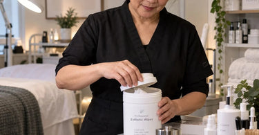 A professional esthetician's hand holding a soft, moist esthetic wipe, demonstrating proper back bar moisture retention techniques.