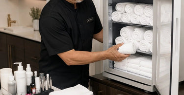 A clean, organized hot towel cabinet with neatly stacked towels, symbolizing a mess-free salon environment.