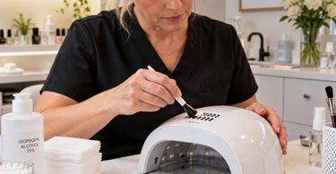 Professional nail salon UV LED curing lamp with clean hand openings and ventilation slots on an organized manicure workstation