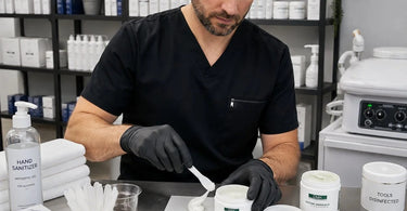 A professional beauty therapist using a clean spatula to dispense product from a jar, demonstrating proper salon sanitation and hygiene practices.