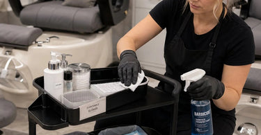 A clean and organized pedicure cart with essential supplies for a spa pedicure service