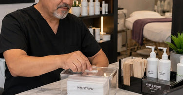 How to keep wax strips within reach without leaving them exposed: Professional waxing station setup with organized wax strips, spatulas, and warmers ready for a service.
