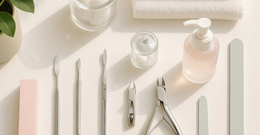 Professional nail technician sanitizing tools at a modern manicure station