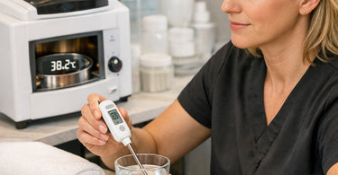 Professional spa thermometer being calibrated using ice water method for accuracy in wax warmers and salon equipment