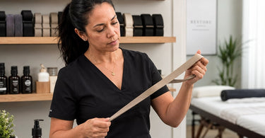 Hands holding a professional stretching strap demonstrating proper elasticity maintenance for massage and spa therapy