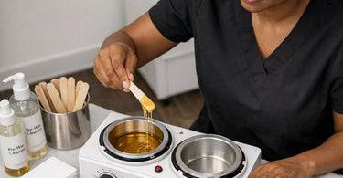 A professional showing how to clean and maintain the heating element in a salon wax warmer