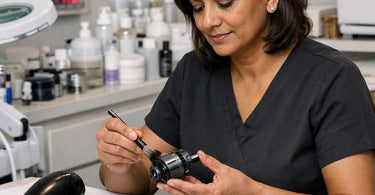Technician cleaning the rear air filter of a professional salon hair dryer motor to ensure longevity and peak performance.
