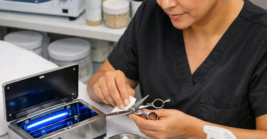Technician applies lubricating oil to the pivot point screw of professional stainless steel hair shears for maintenance.