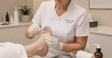 A professional pedicurist using a stainless steel corn plane on a clients foot, demonstrating safe and effective callus removal techniques.