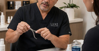 A professional nail technician carefully using a stainless steel cuticle nipper to trim a clients cuticles during a manicure at a nail salon.