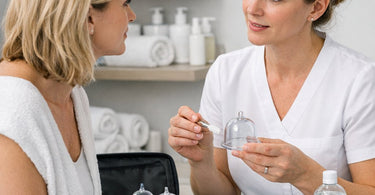 Professional massage therapist inspecting a silicone cupping set for suction cup integrity and cleanliness